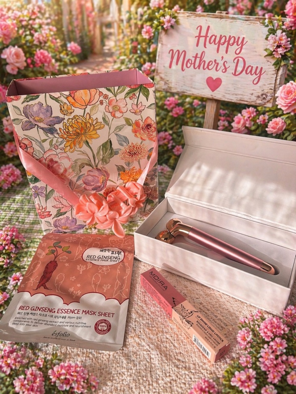 Floral Gift Bag with Pink Beauty Tools & Red Ginseng Mask